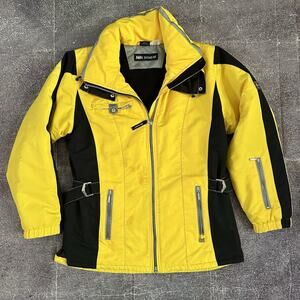Women's Vintage Y2K Nils Skiwear Yellow Black Gray Belted Ski Coat Jacket Sz 8